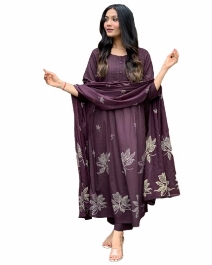 GoSriKi Women's Rayon Viscose Anarkali Printed Kurta with Pant & Dupatta