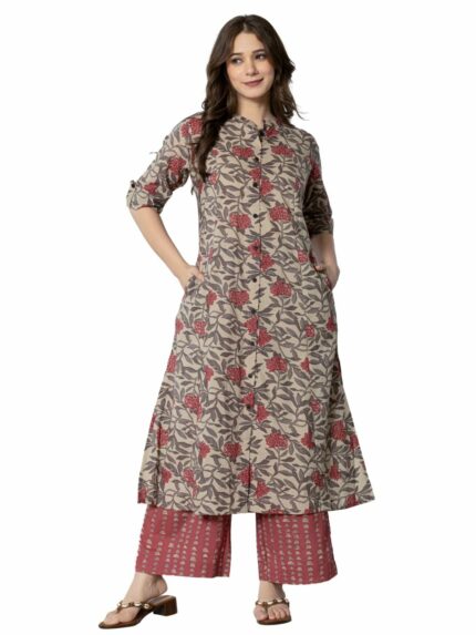 rytras Women's Cotton Printed A-Line Kurta with Palazzo Pant Set