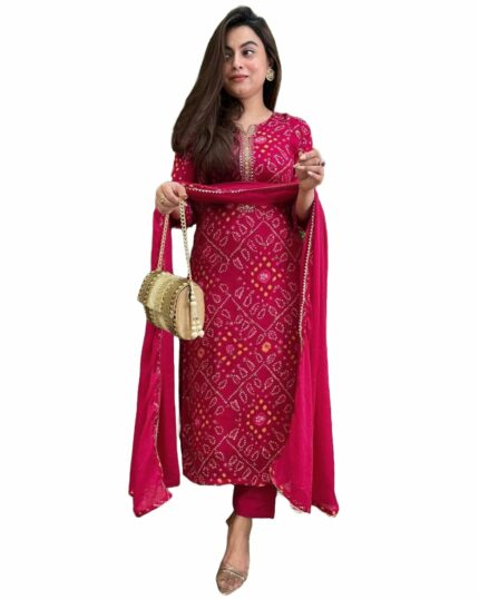 GoSriKi Women's Rayon Viscose Straight Bandhej Printed Kurta with Pant & Dupatta