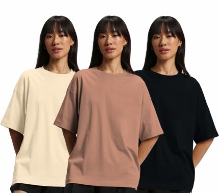 JUNEBERRY? 100% Pure Cotton Drop Shoulder Oversized Baggy Fit Half Sleeve Plain Solid Round Neck Multicolor T-Shirt Combo for Women & Girls (Pack of 3) (Sizes S-2XL)