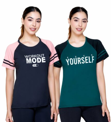 White Moon Women?s Self Design Polyester Printed Combo T-Shirts ? Gym Wear & Sports T-Shirts for Women | Dry Fit & Breathable Fabric | Ideal for Workout & Exercise (Pack of 2)