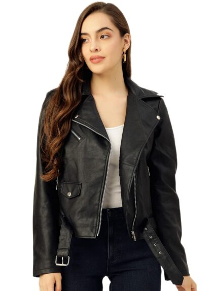 Leather Retail? Full Sleeve Black Solid Jacket for Woman's Biker Style