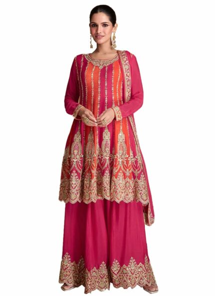 Miss Ethnik Women's Pink and Orange Color Traditional Chinon Embroidered Stitched Kurta Palazzo Set With Embroidered Dupatta (ME-1132-Pink)