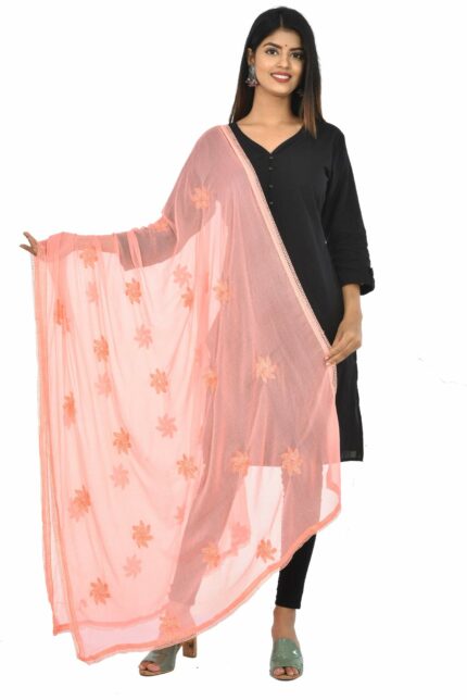 YOUTHQUAKE Flower Embroidered Diamond Work Chiffon Dupatta for Womens & Girls With 4 Side Lace