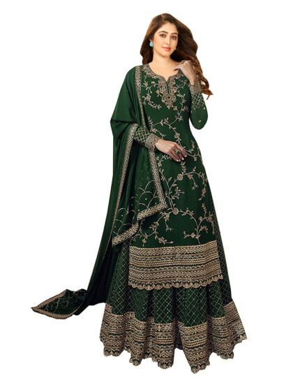 Miss Ethnik Women's Faux Georgette Semi-Stitched Top With Stitched Bottom and Dupatta Embroidered Straight Kurta Dress Material (Kurta Palazzo Set)
