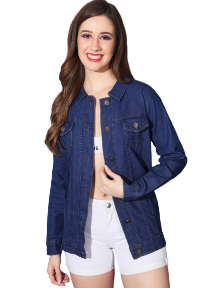 Buynewtrend Buttoned Flap Pockets Women Long Denim Jacket