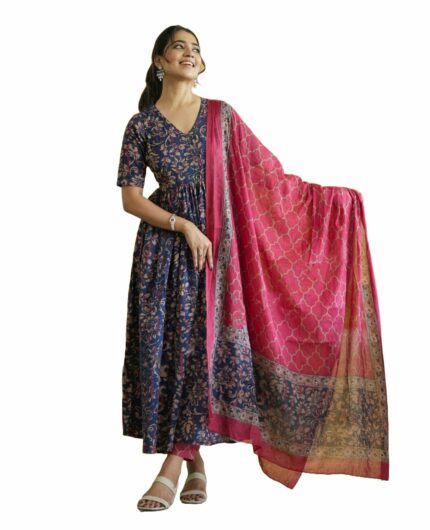 Nermosa Women Printed Anarkali Kurta and Pant Set with Dupatta