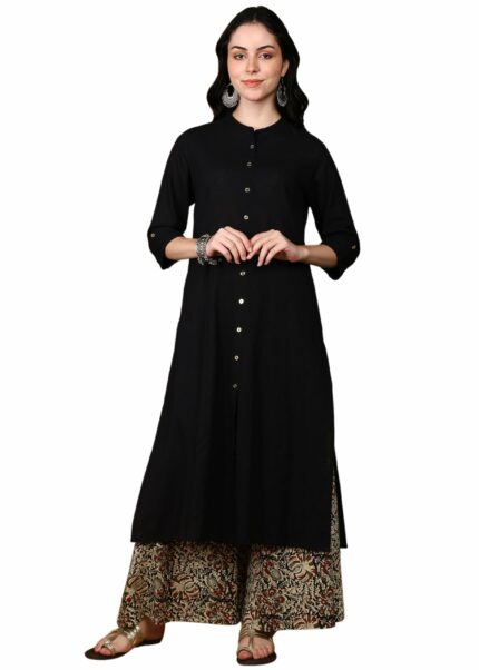 Yash Gallery Women'S Cotton Slub & Cambric Cotton Solid & Kalamkari Printed Straight Kurta Palazzo Set For Women