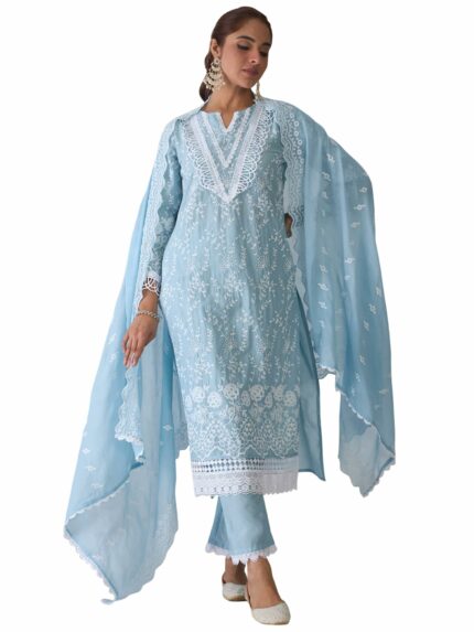 INDO ERA Women's Embroidered Pure Cotton Kurta Pant With Dupatta Set (Kh0Ph6072)