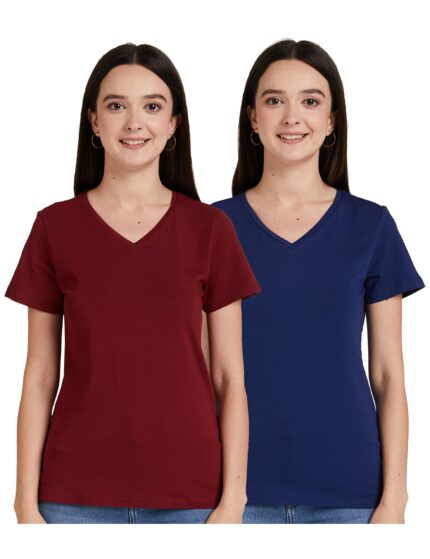 Amazon Brand - Symbol Women's Solid Cotton Stretch Half Sleeve V-Neck Regular Fit T-Shirt (Pack of 2)