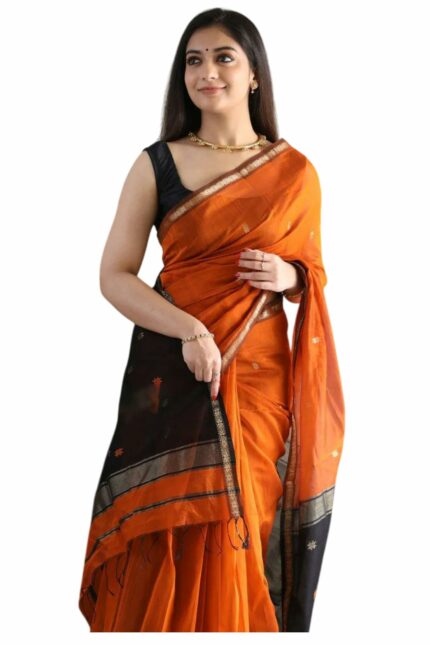 Women's Cotton Linen Saree With Gold-Toned Zari Work, Tassels & Unstitched Blouse Piece