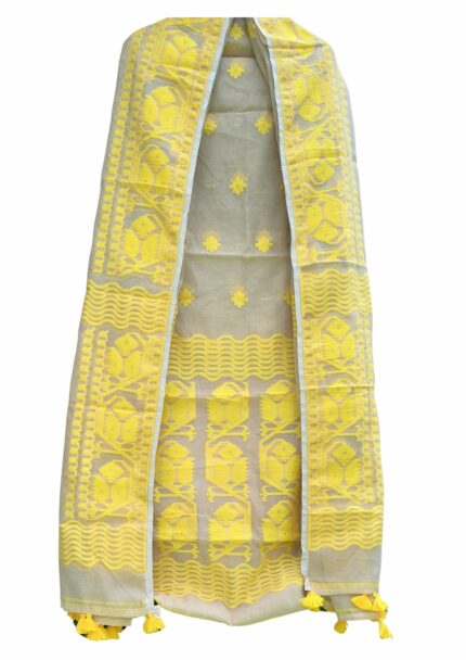 Durga Handlooms Dhakai Jamdani Unstitched Cotton Kurti with Dupatta