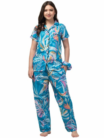 Fflirtygo Women's Rayon Printed Night Suit Set |Stylish Co-Ord Set | Short Sleeve Pajama Set |Sleepwear Set| Summer Nightwear|Printed Shirt & Payjama Set