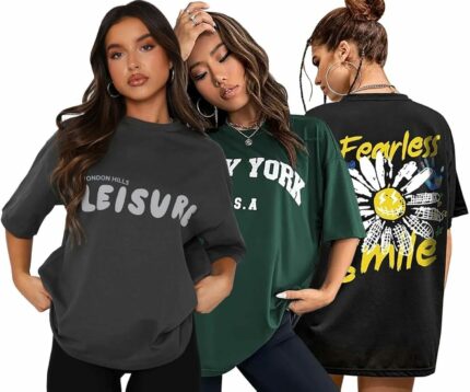 London Hills Women Printed Round Neck Oversized T-Shirt | Loose Fit Drop Shoulder T-Shirt Pack of 3