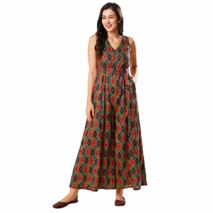 Globus Women Multi Colour Abstract Print Wrap V-Neck Waist tie Up Flared Hem Fusion Jumpsuit