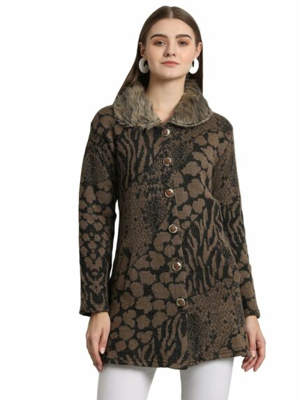 eWools Women's winterwear Woolen Fur Collar Long Cardigan Sweater