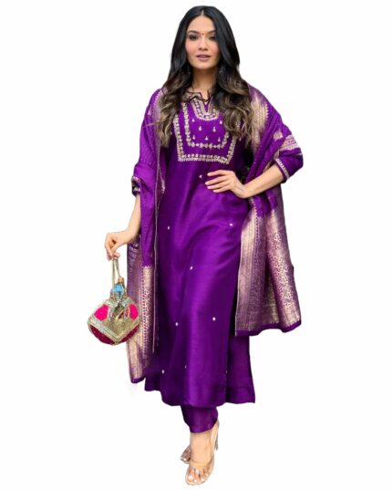 GoSriKi Women's Rayon Blend Straight Embroidered Kurta with Pant & Dupatta