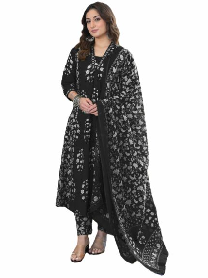 Arayna Women's Pure Cotton Block Printed Ethnic Wear Kurta Set with Palazzo Pants & Dupatta