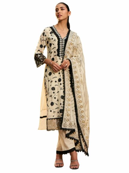 INDO ERA Women's Embroidered Pure Cotton Calf Length Straight Kurta Pant With Dupatta