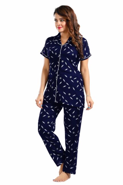 YAZIA Women's Cotton Heart/Box/Zigzag Printed Night Suit Set of Shirt and Pyjama H_P BLK