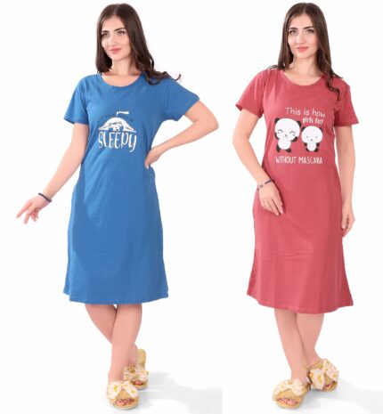 Slumberbe Printed Knee Length Pocket Night Dresses for Women | Cat Lover | Premium Soft Cotton Nighty | Blue and Maroon