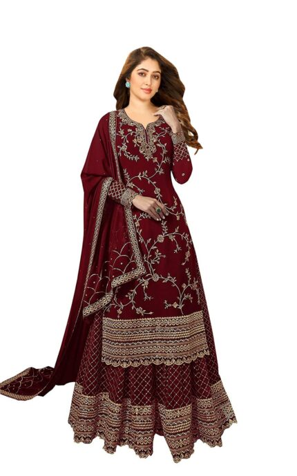 Miss Ethnik Women's Faux Georgette Semi-Stitched Top With Stitched Bottom and Dupatta Embroidered Straight Kurta Dress Material (Kurta Palazzo Set)
