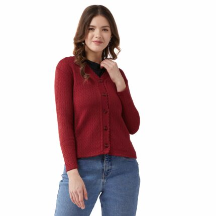 Pivl Women's Blended V-Neck Cardigan Sweater (PV501_Maroon