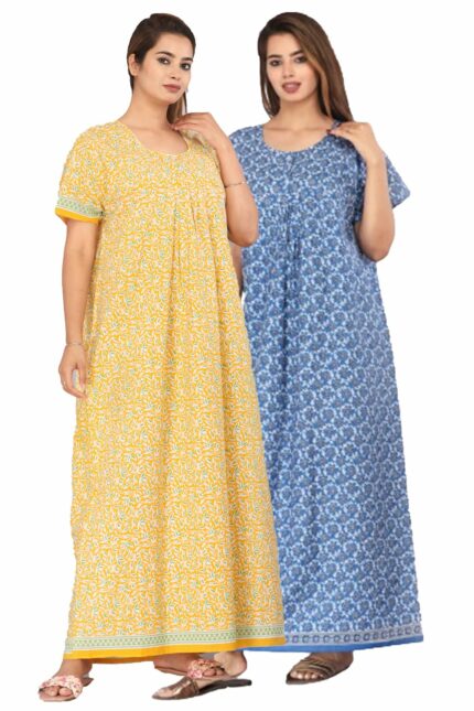Kuruti B Sheets Nighty for Women Cotton Combo (Pack of 2) Nighty Gown Round Neck Short Sleeves Jaipuri Maxi Gown Printed Free Size