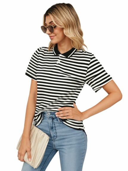 Mack Jonney Women's Striped Cotton Rich Polo T Shirt | Collar Tshirts | Half Sleeves | Stripe-Regular Fit-MACK640589