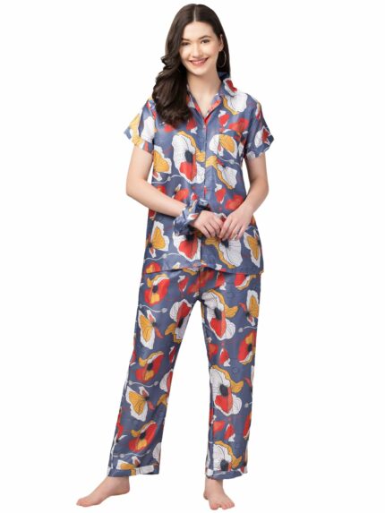 Fflirtygo Women's Rayon Printed Night Suit Set |Stylish Co-Ord Set | Short Sleeve Pajama Set |Sleepwear Set| Summer Nightwear|Printed Shirt & Payjama Set
