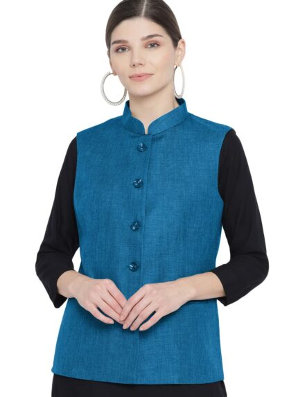 Vastraa Fusion Solid Indian Traditional Ethnic Waistcoat Festive Woolen Nehru Jacket for Women