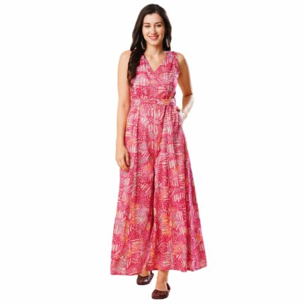 Globus Women Multi Colour Abstract Print Wrap V-Neck Waist tie Up Flared Hem Fusion Jumpsuit