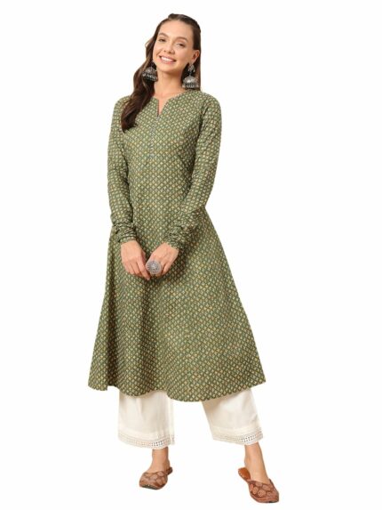 FIORRA Women's Floral Printed Navy Blue Cotton A-Line Kurta