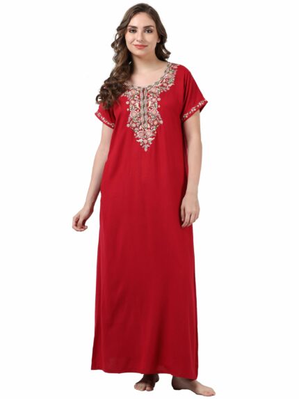 9shines Label Premium Alpine Designer Nighty | Maxi for Women | Night Dress for Women | Full Length Night Gown for Women | Night wear for Women Stylish | Embroidery On The Neck (2891)