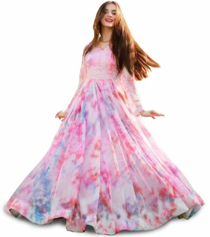 KEDARFAB Digital Floral Print Stylish Georgette Anarkali Gown for Women || Dress for Women, Pink
