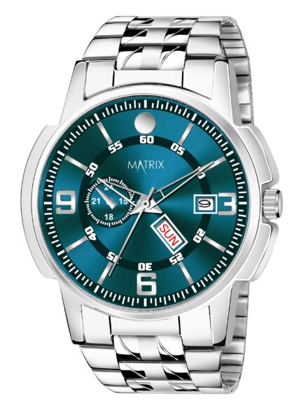 Matrix Black, Blue, White Dial, Day & Date Functioning, Stainless Steel Strap Analog Watch for Men - Stylish & Durable & Women