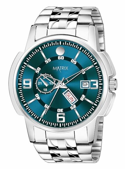 Matrix Black, Blue, White Dial, Day & Date Functioning, Stainless Steel Strap Analog Watch for Men - Stylish & Durable & Women