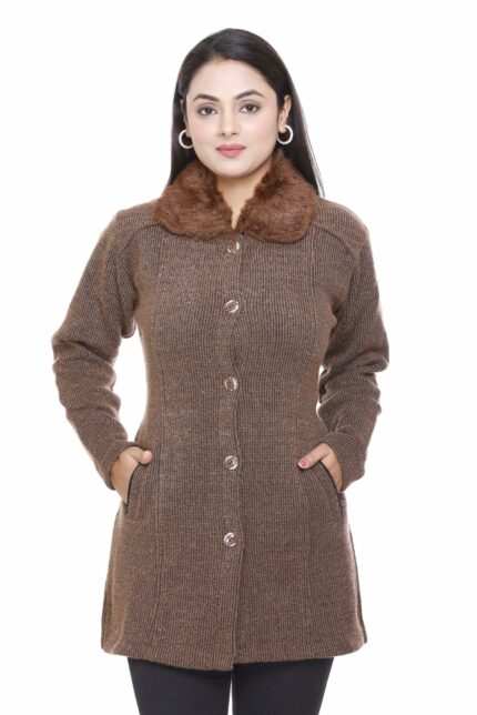 WOOL 4U Women Ladies Girls Winter Wear Hair Wool Open Front Buttoned Fur Collar Neck Stylish Party Woolen Winter Wear Coat Cardigan Sweater
