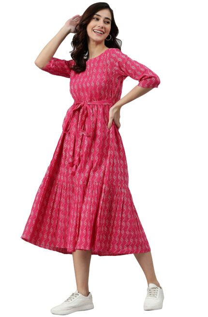 Janasya Women's Pure Cotton Woven Design Flared Western Dress