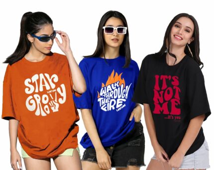 LEOTUDE Women's Oversized Cottonblend Half Sleeve Round Neck Longline Drop Shoulder, Colorful Printed Combo T-Shirt (Pack of 3)