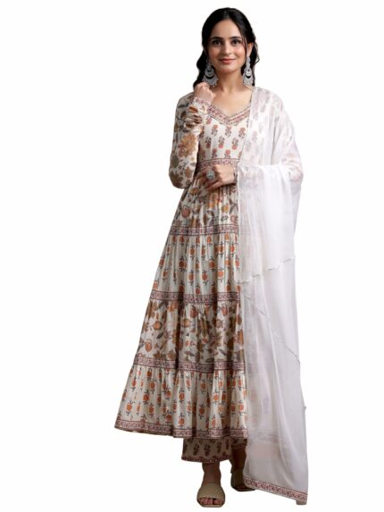 Libas Off White Printed Cotton A-Line Kurta with Palazzos & Dupatta