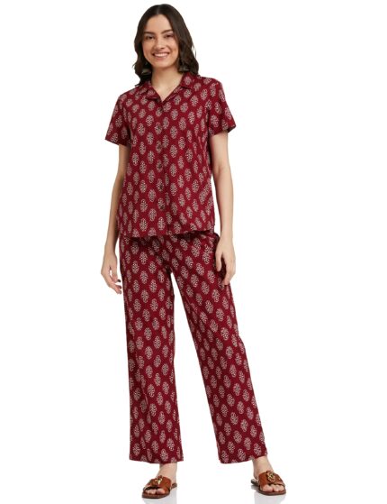 Amazon Brand - Myx Women Cotton Shirt and Pajama Night Suit Set