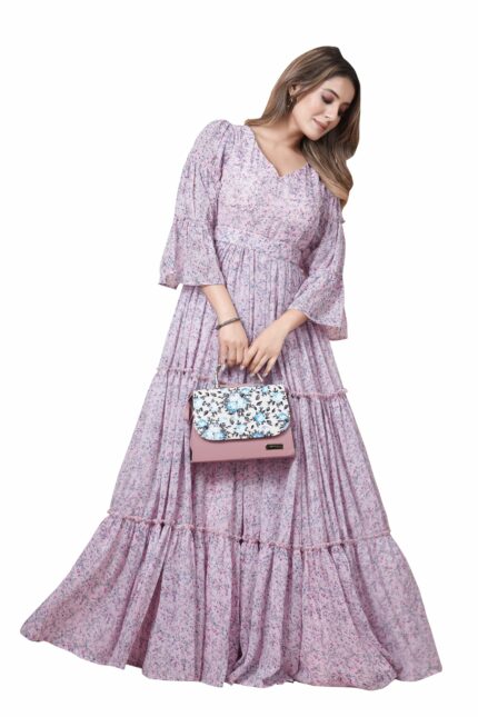 Odd by Chansi Trendz Women's Purple Georgette V-Neck Flared Maxi Length Indo-Western Gown