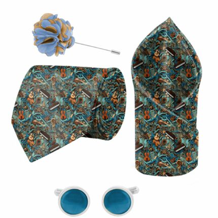 Blacksmith Music Melody Printed Tie and Pocket Square Set with Cufflink and Matching Flower Lapel Pin