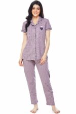 ZEYO Women's Cotton Strip Printed Night Suit Set of Shirt & Pyjama 5261