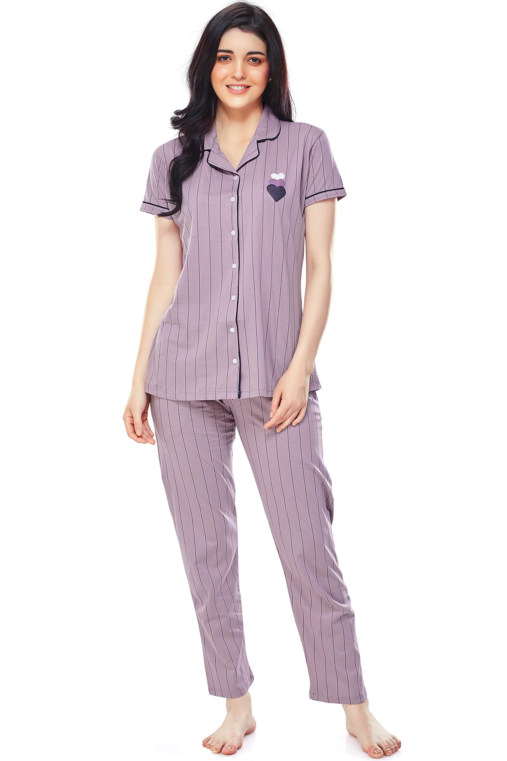 Version 1.0.0 ZEYO Women's Cotton Strip Printed Night Suit Set of Shirt & Pyjama 5261 - Image 1