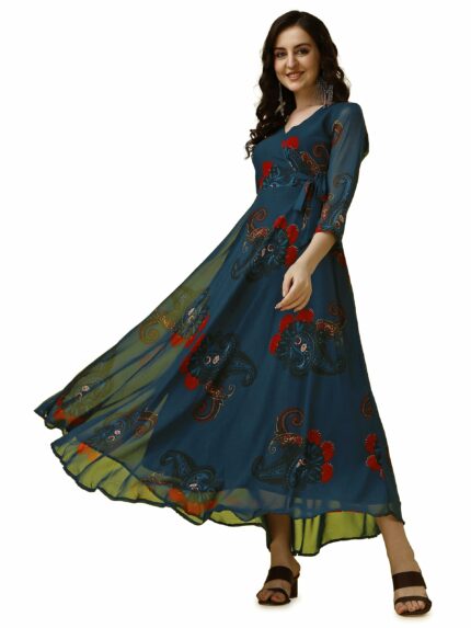 Fashion2wear Women's Georgette Casual Floral Digital Print V-Neck 3/4 Sleeve Knee-Length Fit & Flare Long Maxi Gown Dress for Girls (Barbie)