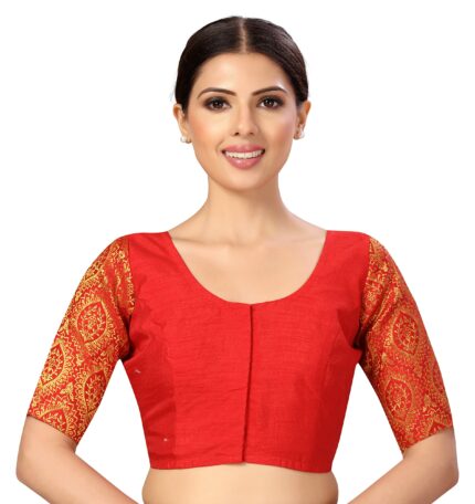 Studio Shringaar Womens Elbow Length Sleeves Silky Saree Blouse with Brocade Sleeves.