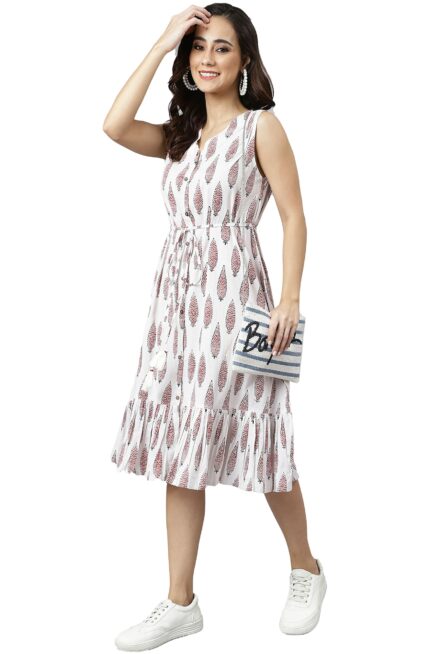 Janasya Women's Cotton Ethnic Motifs Flared Western Midi Dress