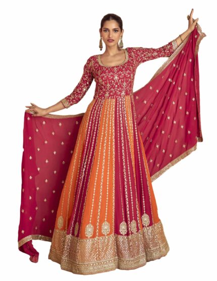 Miss Ethnik Women's Pink Chinon Stitched Gown with Dupatta 3/4 Sleeve Embroidered Anarkali Gown (ME-1231)